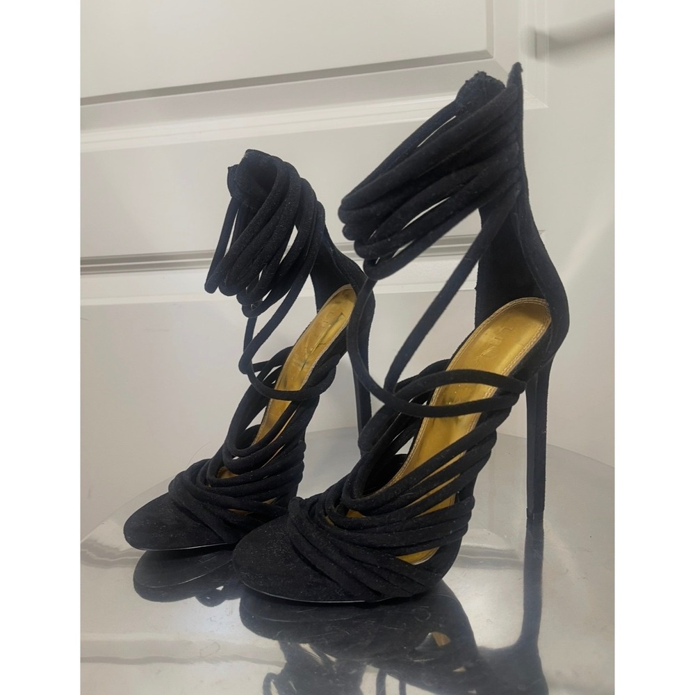 Black Strappy Stiletto Heels Faux Suede Ankle Wrap Sandals
